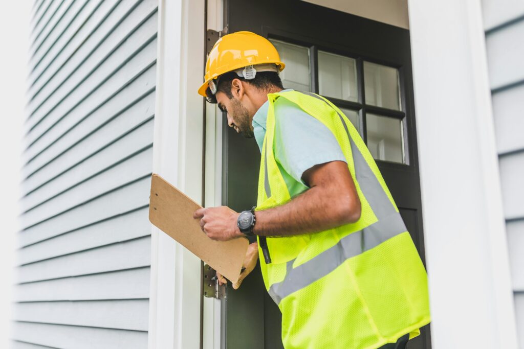 pexels-photo-8293667-8293667 A male inspector in a hard hat conducts a property inspection outdoors with a clipboard.